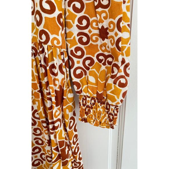 Beyond by Vera Rust Pietra Dura Block Print Midi Cotton Fall Tie Waist Dress - Picture 10 of 12